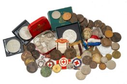 ASSORTED PRE-DECIMAL COINS, MEDALS & COSTUME JEWELLERY, including silver vesta case, 1951 crown,