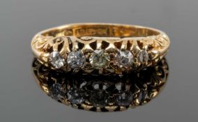 18CT GOLD FIVE STONE DIAMOND RING, having five old cut graduated stones, ring size K, 3.7gms