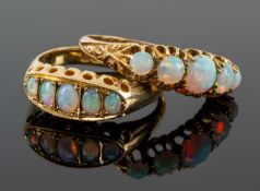 TWO 18CT GOLD OPAL RINGS, both having five graduated opals, ring sizes N 1/2 & K 1/2, 6.7gms
