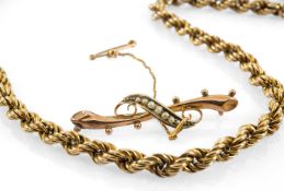 GOLD JEWELLERY comprising 9ct gold spiral chain, 47.5cms long, together with 9ct gold seed pearl bar