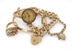 ASSORTED GOLD JEWELLERY, including hinged bangle, hollow curblink bracelet with monogram-engraved