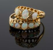 TWO 18CT GOLD OPAL RINGS, one with three graduated oval opals the other with five, 6.6gms gross (