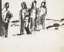 ‡ JOSEF HERMAN OBE RA ink - entitled verso, 'Miners' Pay Day' on Albany Gallery label, 15.5 x