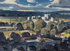 ‡ EDWIN FORREST oil on board - castle and bridge, possibly Ludlow, signed, 29.5 x 39cms