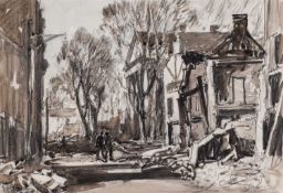 ‡ WILL EVANS mixed media - bombed-out street of Swansea after the Blitz of 1941, with two figures
