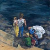 ‡ WENDY LLOYD oil on canvas - family self portrait, signed with initials, 91 x 91cms Provenance: