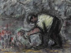 ‡ WILL ROBERTS mixed media - gardener tending to a flower bed, signed, 21 x 29cms Provenance: