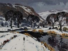 ‡ EDWIN FORREST oil on board - entitled verso, 'River Conwy from Llanrwst Bridge', on Williamson Art