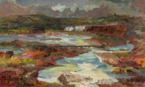 ‡ RAY HOWARD JONES oil on board - Pembrokeshire landscape entitled verso, 'Tide on the Gann' on