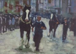 ‡ ANEURIN JONES oil on board - Welsh cobs with handlers amongst crowds of people, signed verso, 22 x