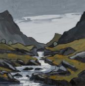 ‡ DAVID BARNES oil on canvas - entitled verso 'Stream Below Llech Ddu', 38 x 38cms Provenance: