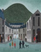 ‡ JACK JONES oil on panel - figures on Ebenezer Street, Swansea, signed and dated '86, 50 x 40cms