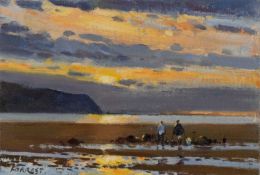 ‡ EDWIN FORREST oil on board - entitled verso, 'Digging for Bait, West Shore, Llandudno', signed,