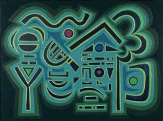 ‡ ROBERT HUNTER oil on canvas - entitled verso, 'Magic Land', inscribed verso, 76 x 92cms