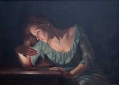 ‡ HARRY HOLLAND oil on canvas - entitled verso, 'Green Dress' on Martin Tinney Gallery label,