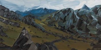 ‡ MATTHEW SNOWDEN acrylic on canvas - entitled verso 'Pass of Llanberis', signed, 49 x 99cms
