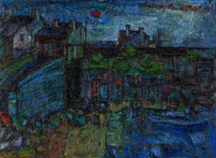 ‡ SELWYN JONES thick impasto oil on board - Ynys Mon (Anglesey) harbour, entitled verso in artist'