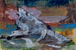‡ RAY HOWARD JONES gouache - Pembrokeshire coast, titled below on separate panel 'Carreg Gwylan',