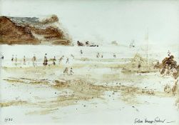 ‡ JOHN KNAPP-FISHER watercolour and pen - figures on a beach with sailing boat at sea, entitled