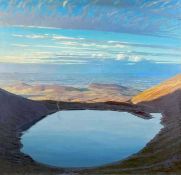 ‡ DAVID WOODFORD oil on board - landscape at 'Marchlyn Mawr', Eryri (Snowdonia), with reservoir