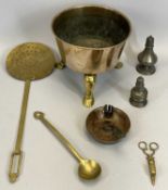 UNUSUAL ANTIQUE BRASS LEGGED BRONZE FIRE-BUCKET OR JARDINIERE, 19cms H, 22cms D, and associated