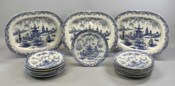BLUE & WHITE POTTERY WHANPOA PATTERN DRESSER SET, 18 PIECES, comprising 3 x 41cms across meat