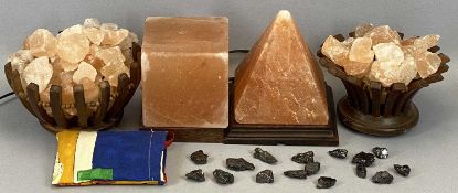 PINK SALT CRYSTAL including lamp 16cms H, a pyramid lamp on wooden base, 20cms H, and 2 x circular