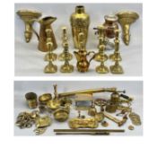 LARGE COLLECTION OF VICTORIAN & LATER BRASSWARE including candlesticks, embossed brass baluster form