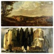 LARGE 19TH CENTURY oil on canvas - riverside village with bridge, 28 x 80cms, together with an oil