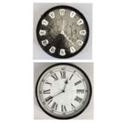 FRENCH CIRCULAR CAST IRON WALL CLOCK, 12-piece white enamel Roman numeral cartouche black dial,