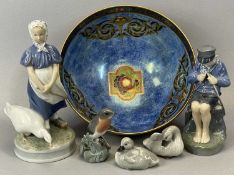 ROYAL COPENHAGEN FIGURES, girl with goose no. 527, 24cms H, boy whittling stick no. 905, 18.5cms