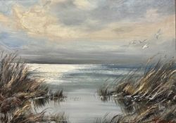 20TH CENTURY DUTCH SCHOOL oil on board - birds in flight over wetland, indistinctly signed lower