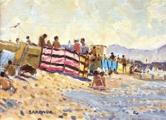 KEITH GARDNER RCA (British, b. 1933) oil on board - titled verso 'Kinmel Bay Beach, Sea Wall and