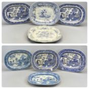 SIX VICTORIAN BLUE & WHITE WILLOW PATTERN TRANSFER DECORATED OVAL MEAT PLATES, 31.5 x 40cms (the