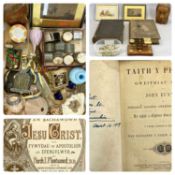 ANTIQUE WELSH BIBLE, half leather binding, one volume 'Taith i Pererin' by John Bunion, half leather