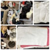 LARGE QUANTITY OF LACE & LINEN including Damask table covers, with other materials, vintage clothing