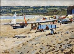 KEITH GARDNER RCA (British, b. 1933) oil on board - titled verso 'Abersoch Beach, Blue Windbreaker',