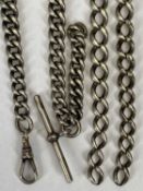 TWO SILVER GRADUATING CURB LINK ALBERTS one having no attachments, 38cms L, the other with T-bar and