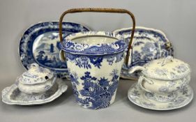 19TH CENTURY BLUE & WHITE TRANSFER DECORATED OVAL MEAT PLATE, rural village, 33 x 43.5cms, 19th