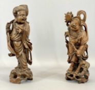 JAPANESE CARVED WOOD FIGURAL LAMP BASE, 34.5cms H, and another carved wood figure, 32cms H