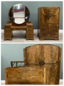 ART DECO FIGURED WALNUT FOUR-PIECE BEDROOM SUITE, comprising two-door wardrobe with interior hanging