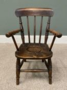 CHILD'S FARMHOUSE ARMCHAIR WITH POTTY TRAINING APERTURE UNDER A LIFT OUT SEAT LID, slightly curved