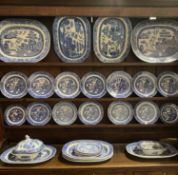 BLUE & WHITE WILLOW PATTERN DRESSER SET, 30 PIECES, to include 9 x various meat platters, 46cms