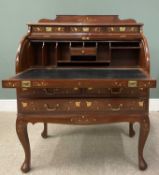 REPRODUCTION MAHOGANY CYLINDER TOP BUREAU, having a shaped top rail over three narrow drawers, the