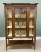 GOOD INLAID & CROSSBANDED MAHOGANY CHINA DISPLAY CABINET CIRCA 1900, the shaped stepped cornice over