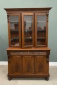 VICTORIAN MAHOGANY THREE-DOOR CWPWRDD GWYDR, inverted stepped cornice over three upper glazed doors,