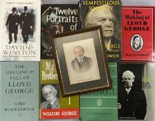 DAVID LLOYD GEORGE: QUANTITY OF BOOKS & BIOGRAPHIES AND A FRAMED PORTRAIT PRINT, 15 x 11cms