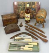 VICTORIAN INLAID WALNUT TEA CADDY & OTHER COLLECTABLES the caddy, 23cms W, coopered wooden brandy