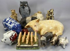 ORNAMENTAL PIG COLLECTION & PLASTIC OWL FIGURINE, the pigs include a Beswick seated model,