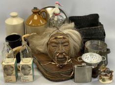 AN ABORIGINAL HEAD ORNAMENT, 16cms H, large elm and steel bellows, 63cms H, stoneware flagon,